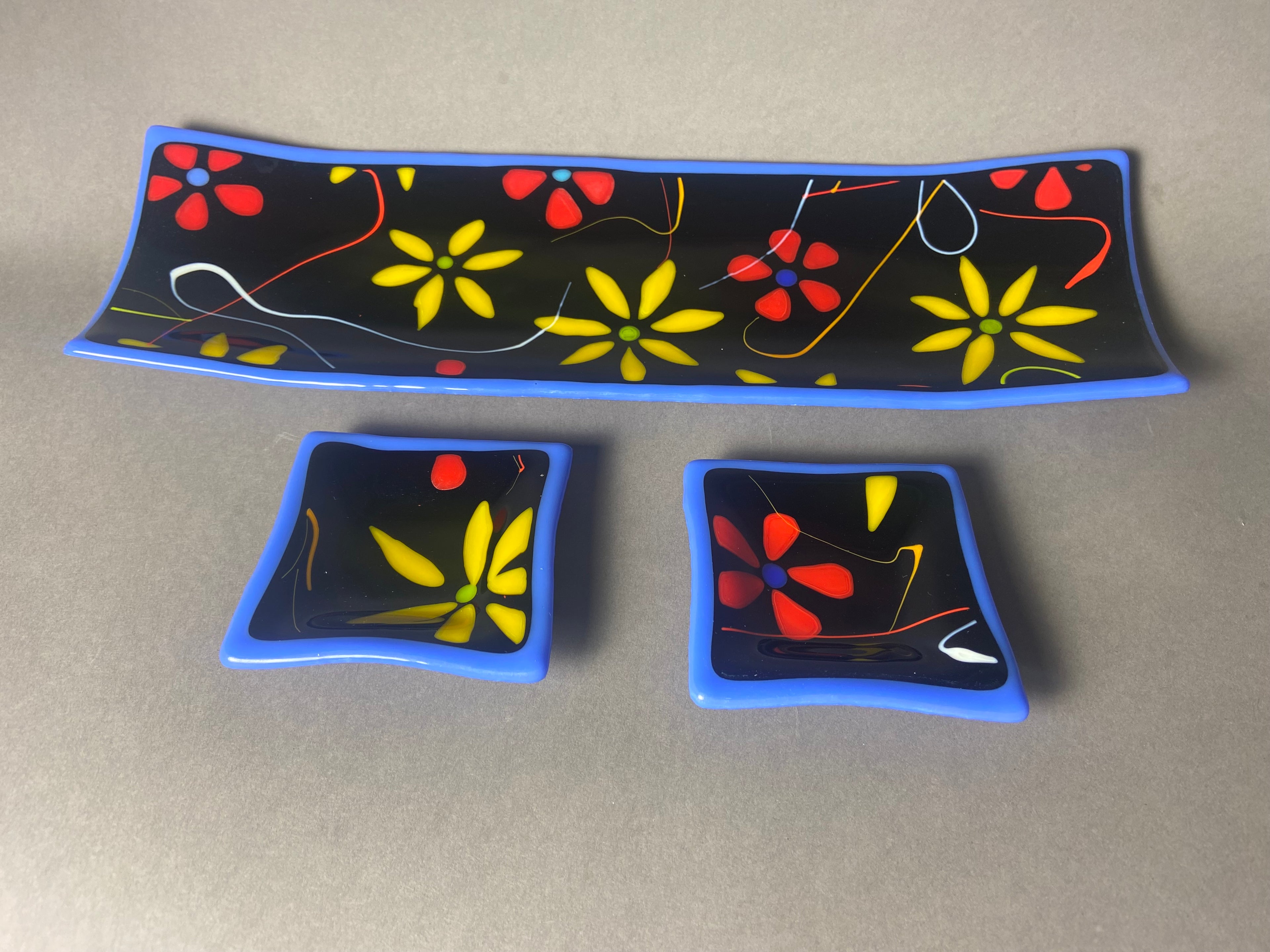 Blue Floral Channel Plate with 2 Side Dishes