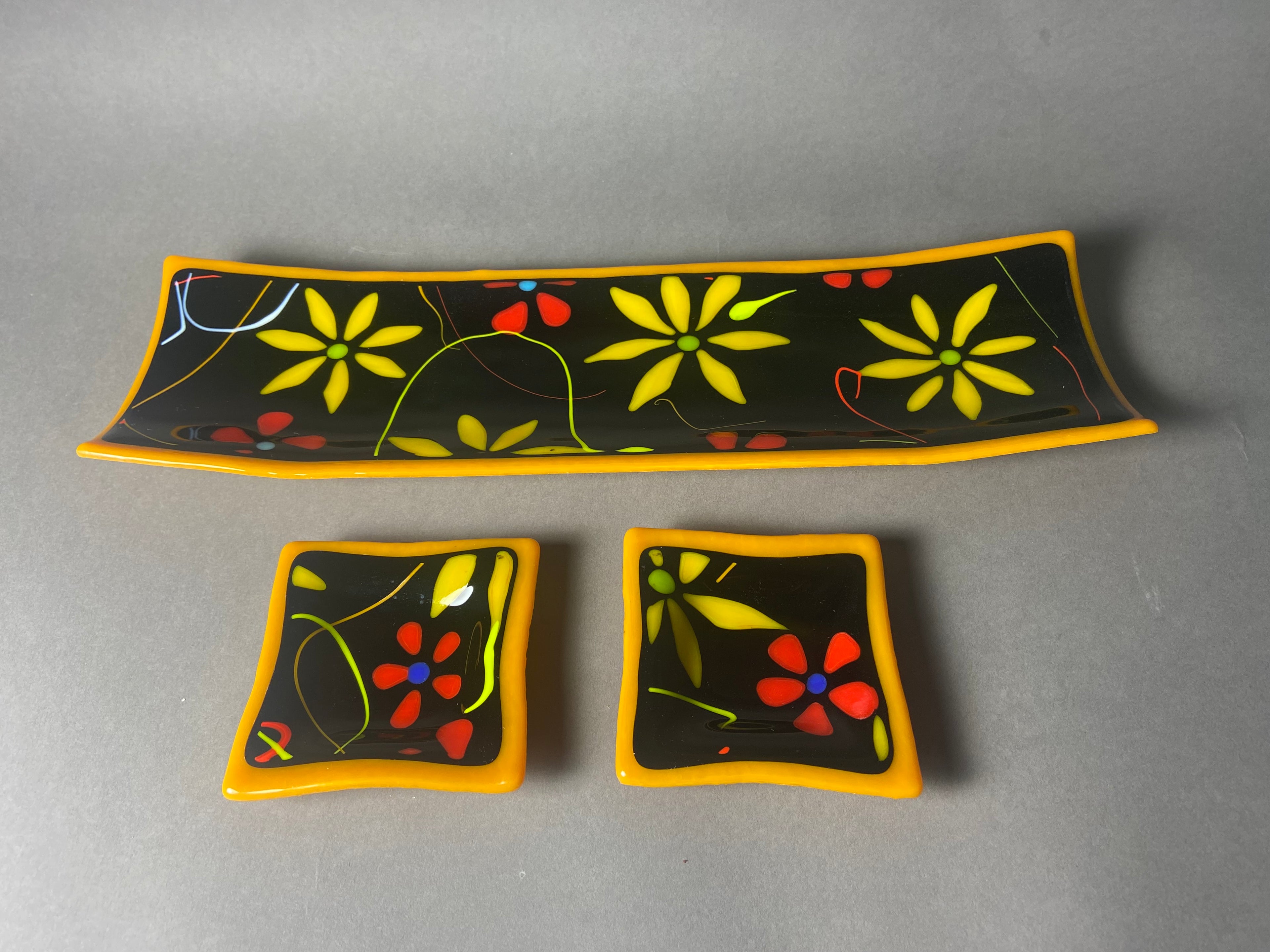 Pumpkin Orange Floral Channel Plate with 2 Side Dishes