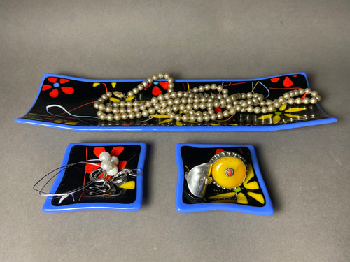 Blue Floral Channel Plate with 2 Side Dishes