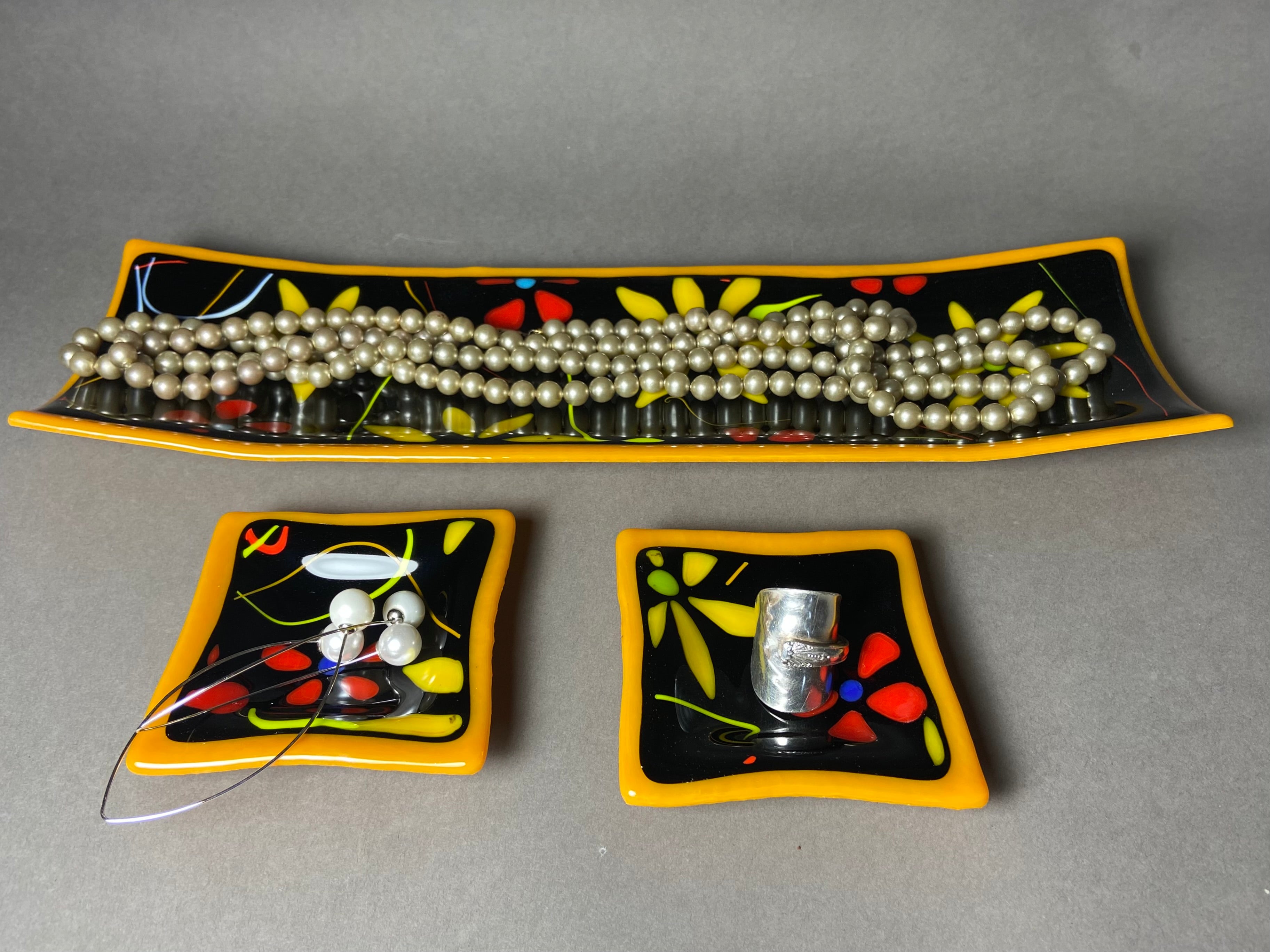 Pumpkin Orange Floral Channel Plate with 2 Side Dishes