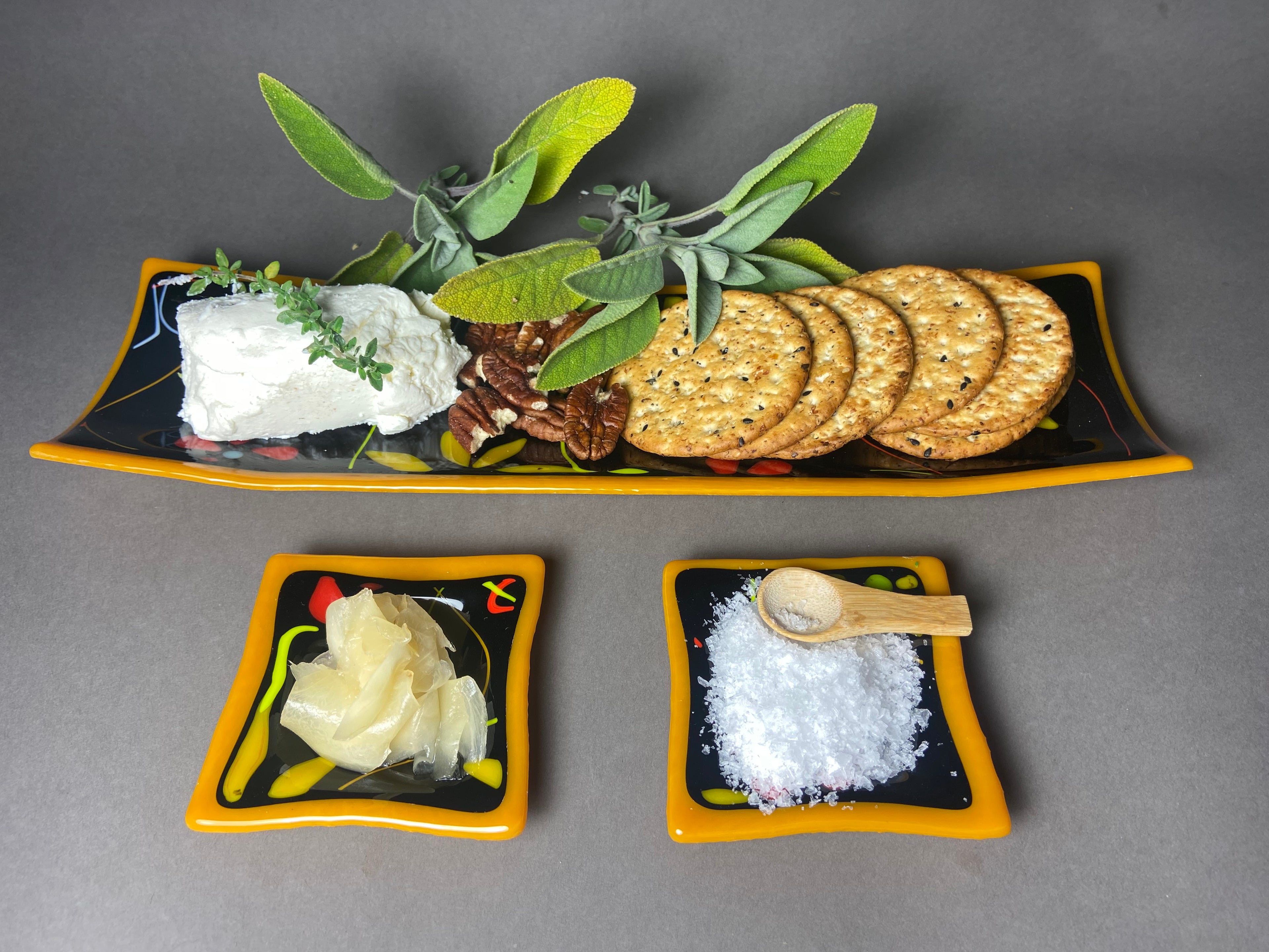 Pumpkin Orange Floral Channel Plate with 2 Side Dishes