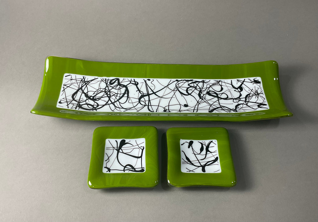 Green, White and Black Channel Plate and Side Dishes