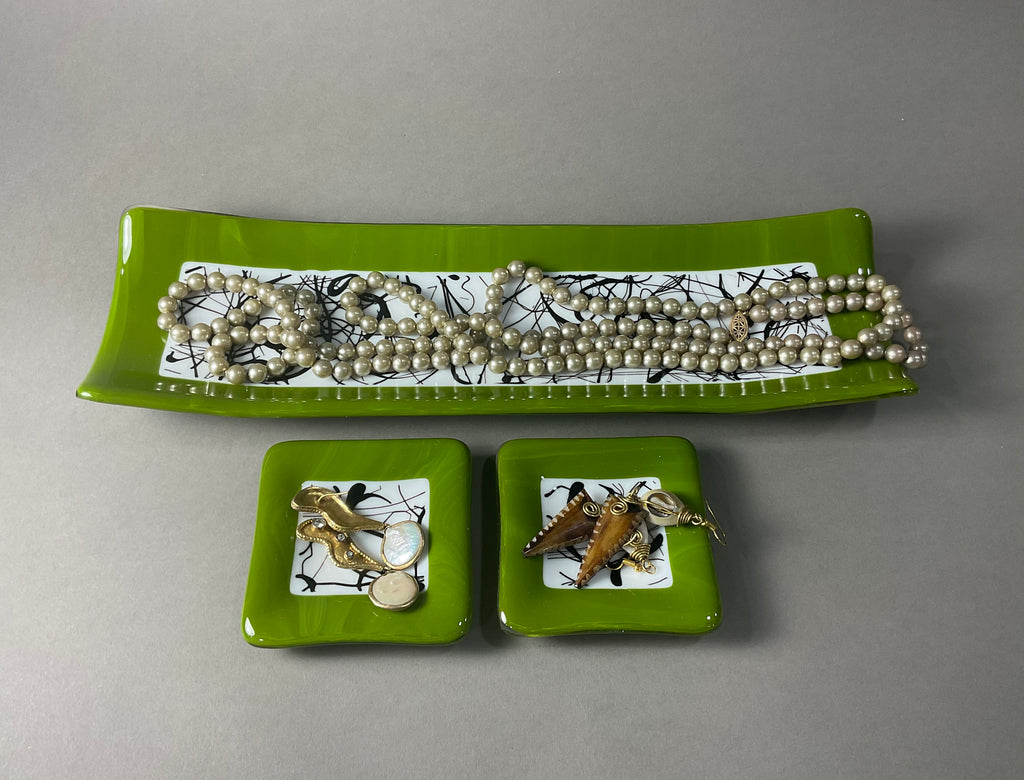 Green, White and Black Channel Plate and Side Dishes