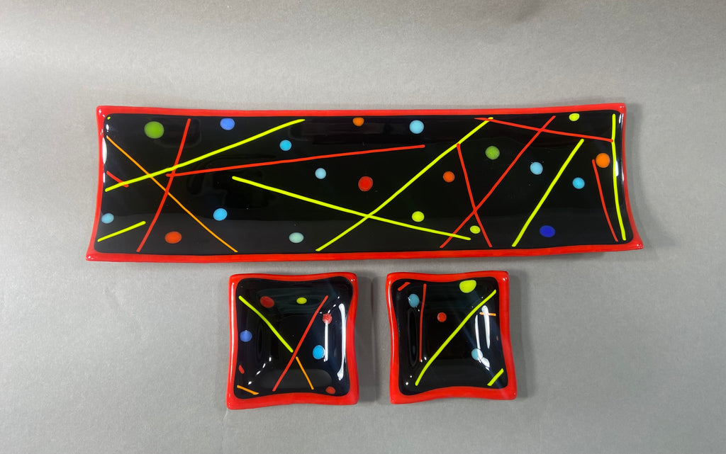 Red Confetti Fused Glass Channel Plate and Side Dishes