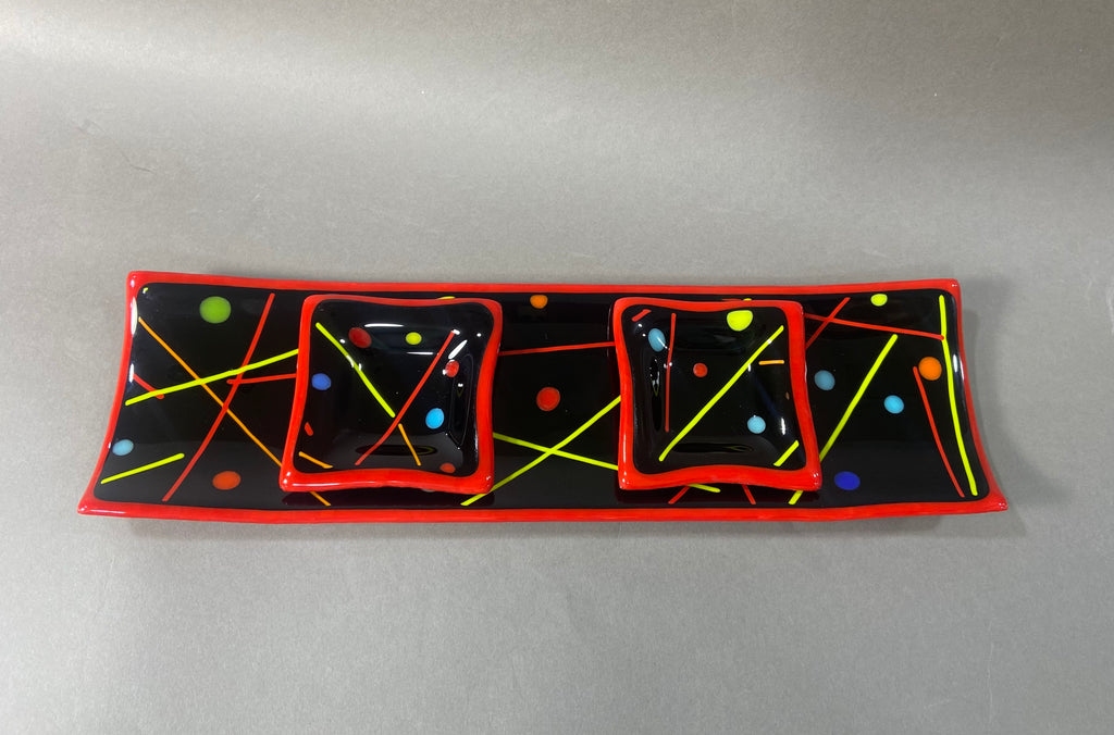 Red Confetti Fused Glass Channel Plate and Side Dishes