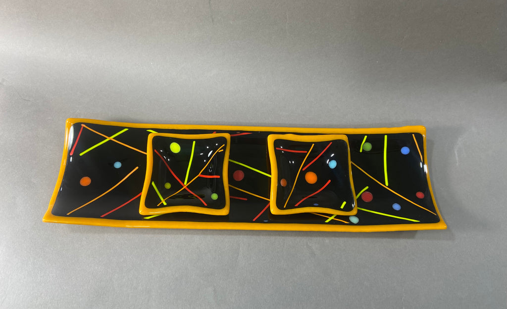 Pumpkin Orange Confetti Fused Glass Channel Plate and Side Dishes
