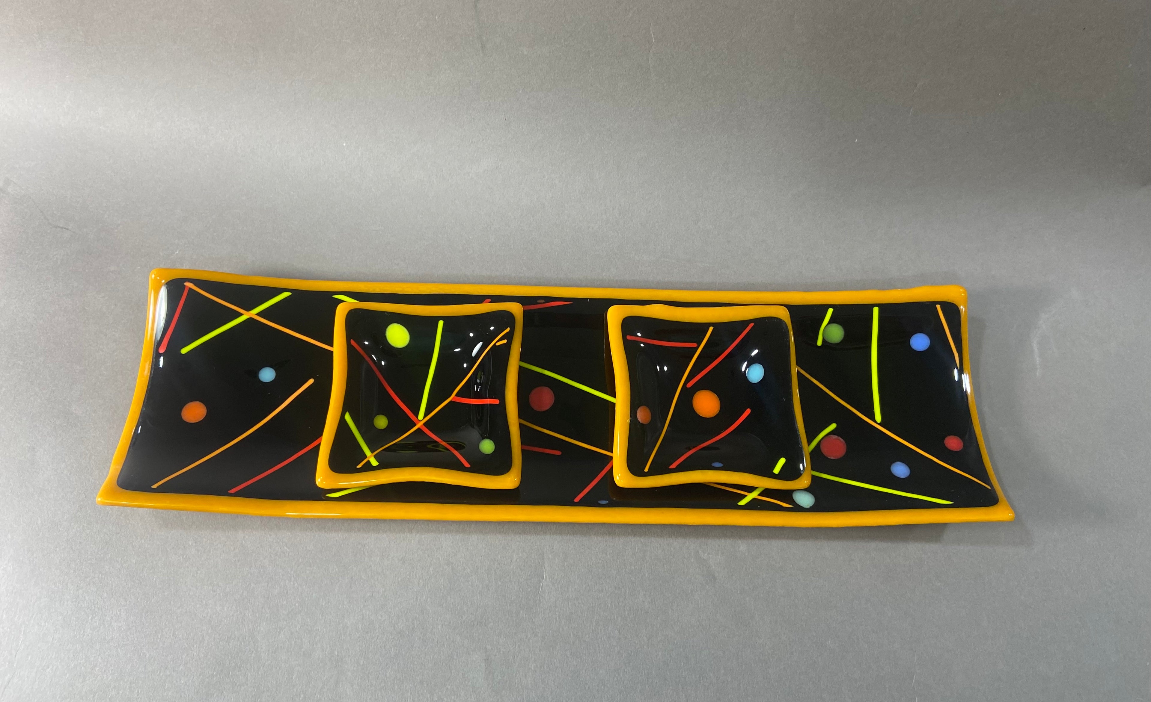 Pumpkin Orange Confetti Fused Glass Channel Plate and Side Dishes