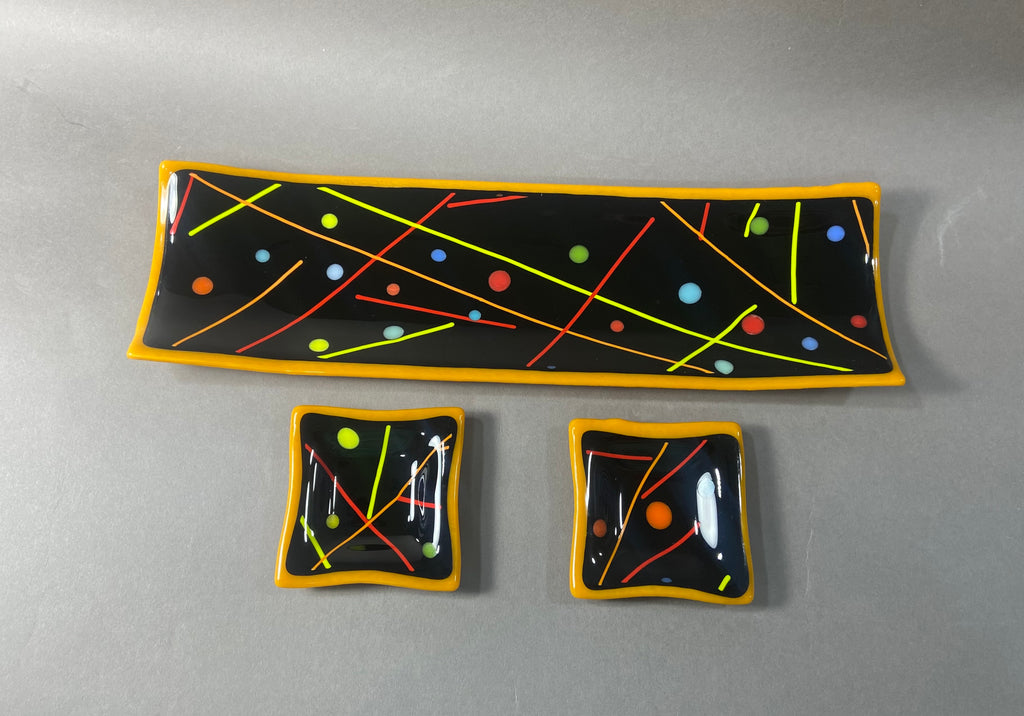 Pumpkin Orange Confetti Fused Glass Channel Plate and Side Dishes
