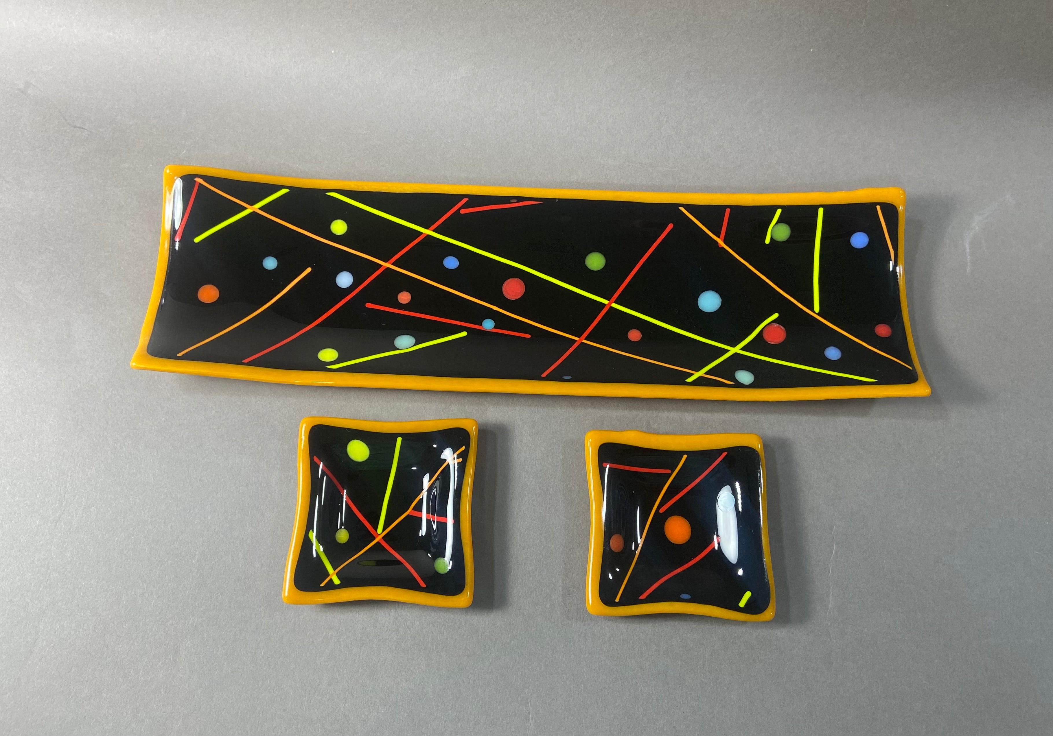 Pumpkin Orange Confetti Fused Glass Channel Plate and Side Dishes