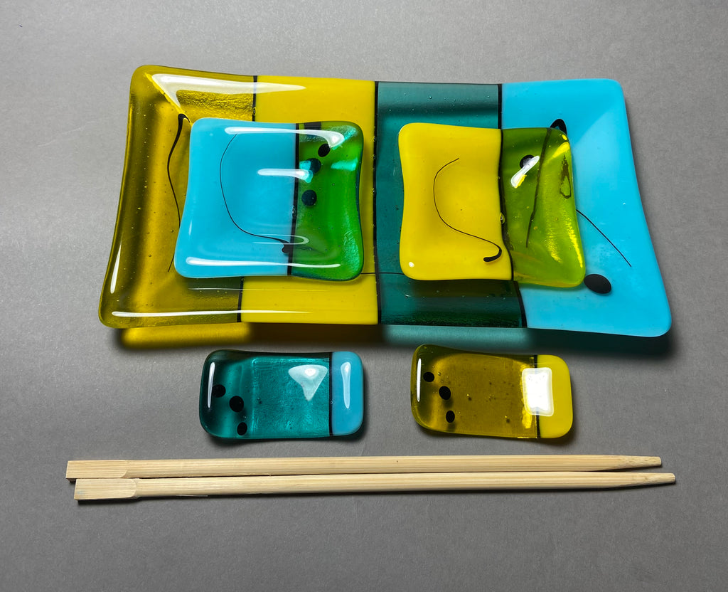 Fused Glass Sushi Set, Yellow, Aquamarine, and Sky Blue