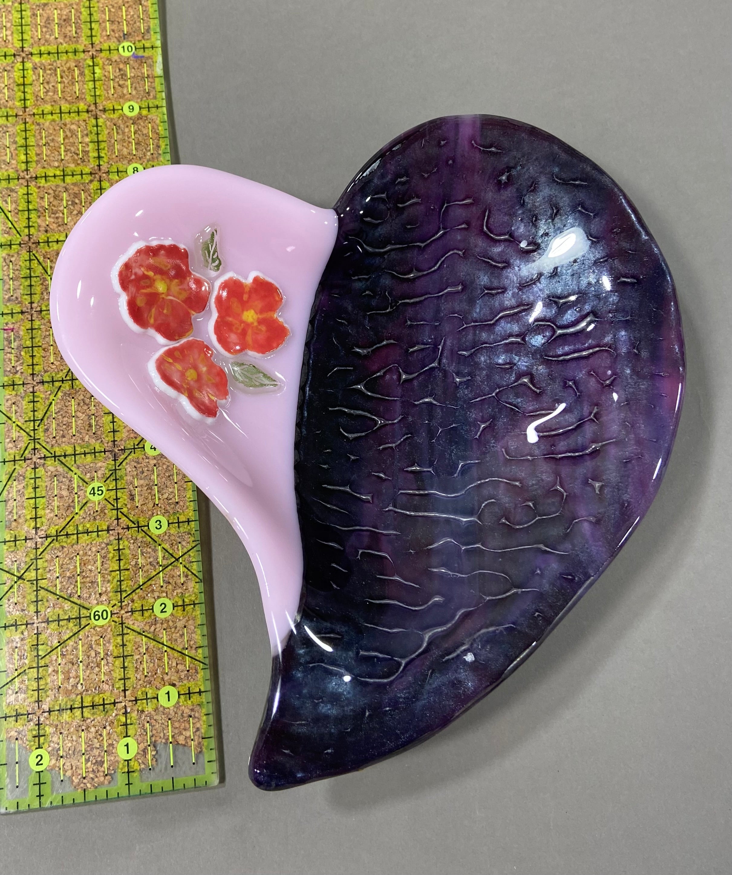 Ruby and Pink Heart Bowl with Flowers