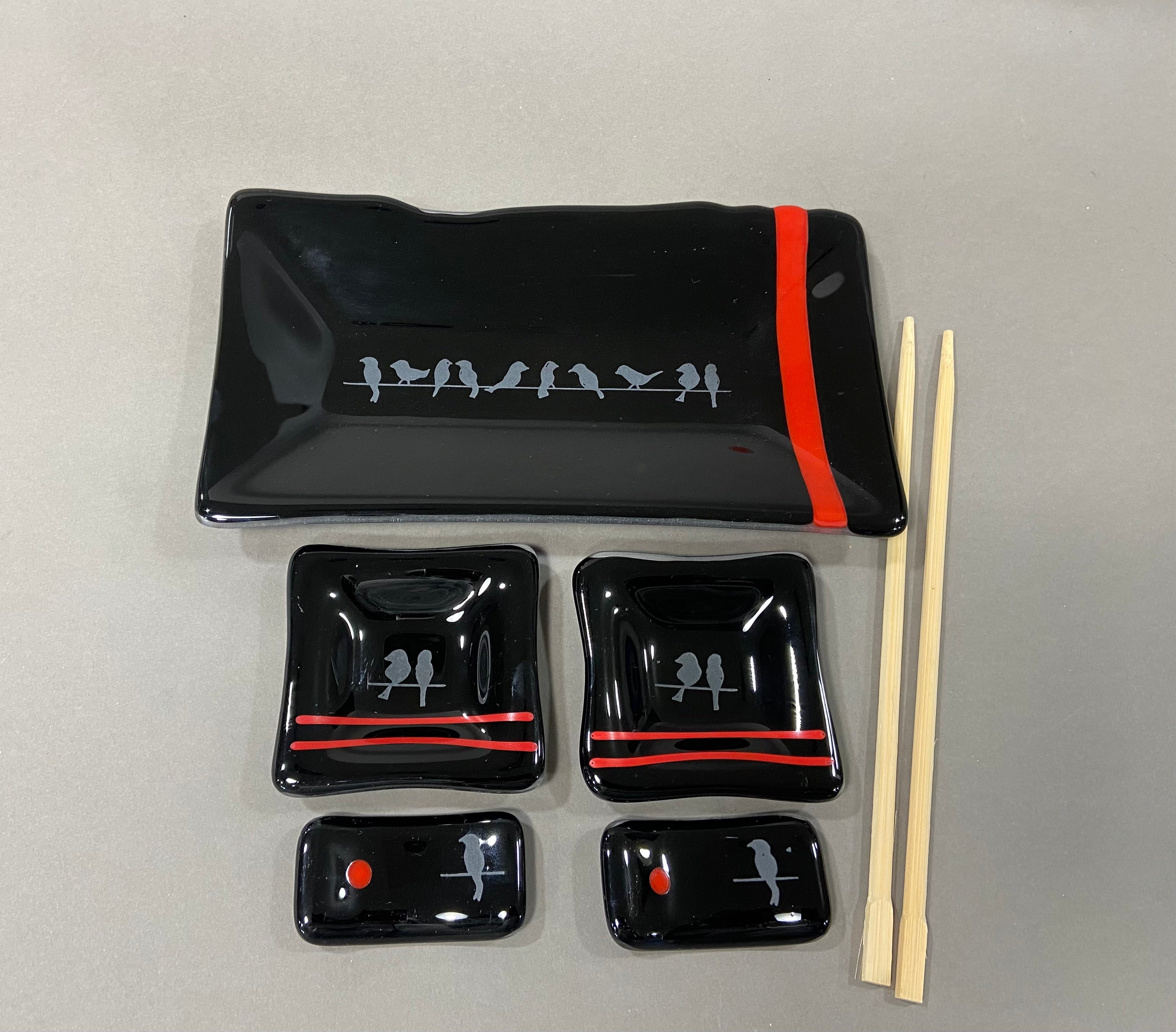 Sushi Set, Birds on a Wire, Black and Red