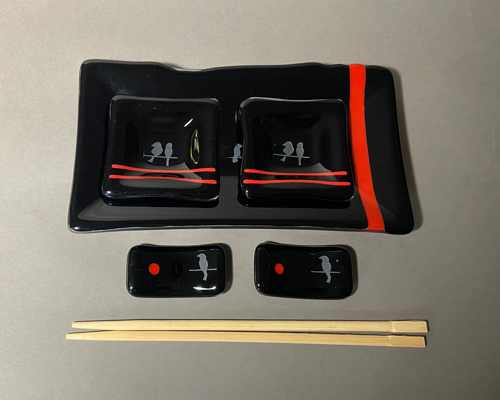 Sushi Set, Birds on a Wire, Black and Red