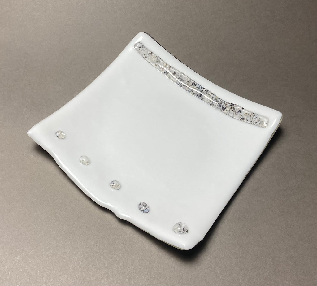 Fused Glass 6 Inch Plate, White with River Rock Design
