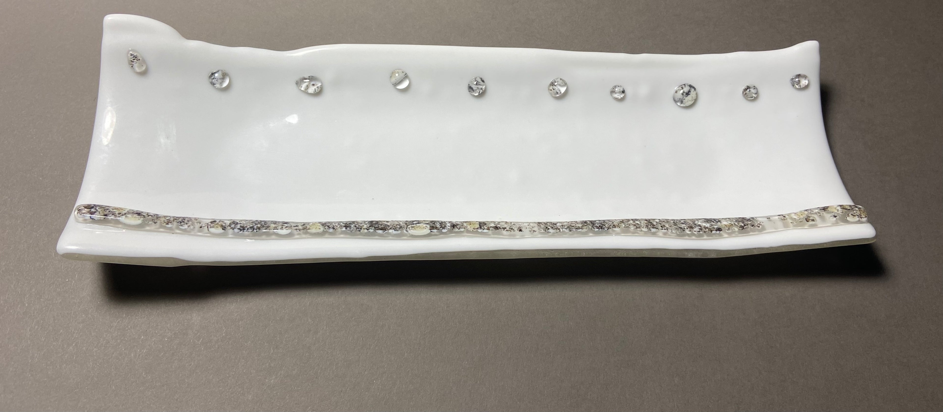 Fused Glass Channel Plate, White with River Rock Design, 4 x 12.5 Inches