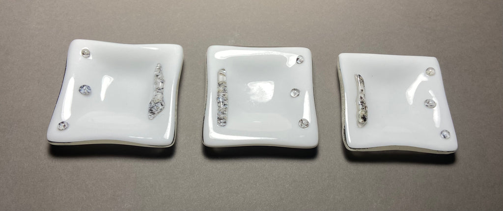Fused Glass 3 x 3 Inch Dishes, White with River Rock Design, Set of 3
