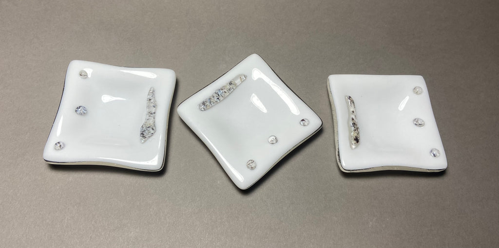 Fused Glass 3 x 3 Inch Dishes, White with River Rock Design, Set of 3