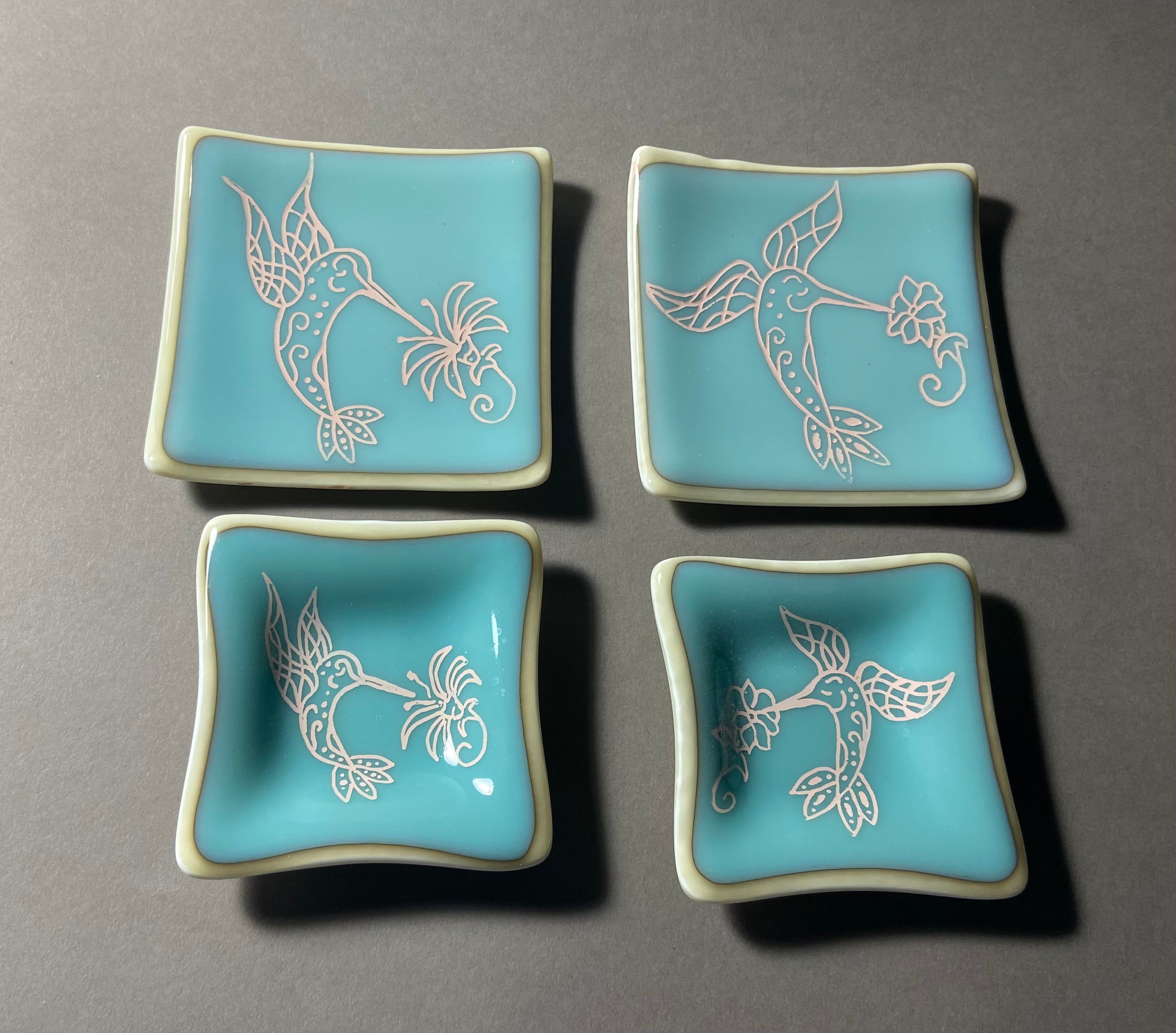 Set of Hummingbird Fused Glass Dishes