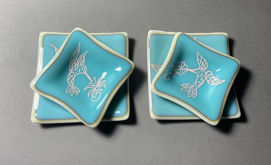 Set of Hummingbird Fused Glass Dishes