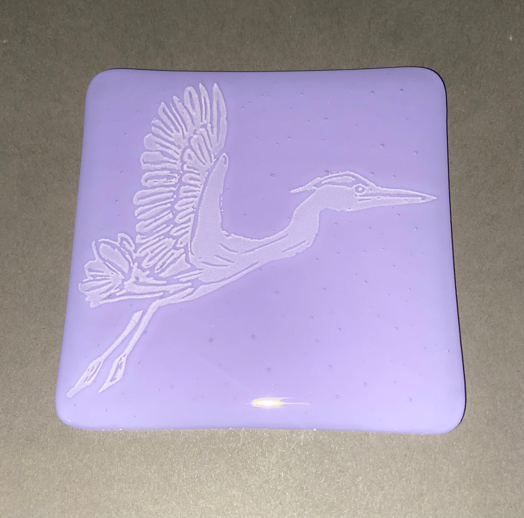 Fused Glass Heron Coasters on Neo Lavender
