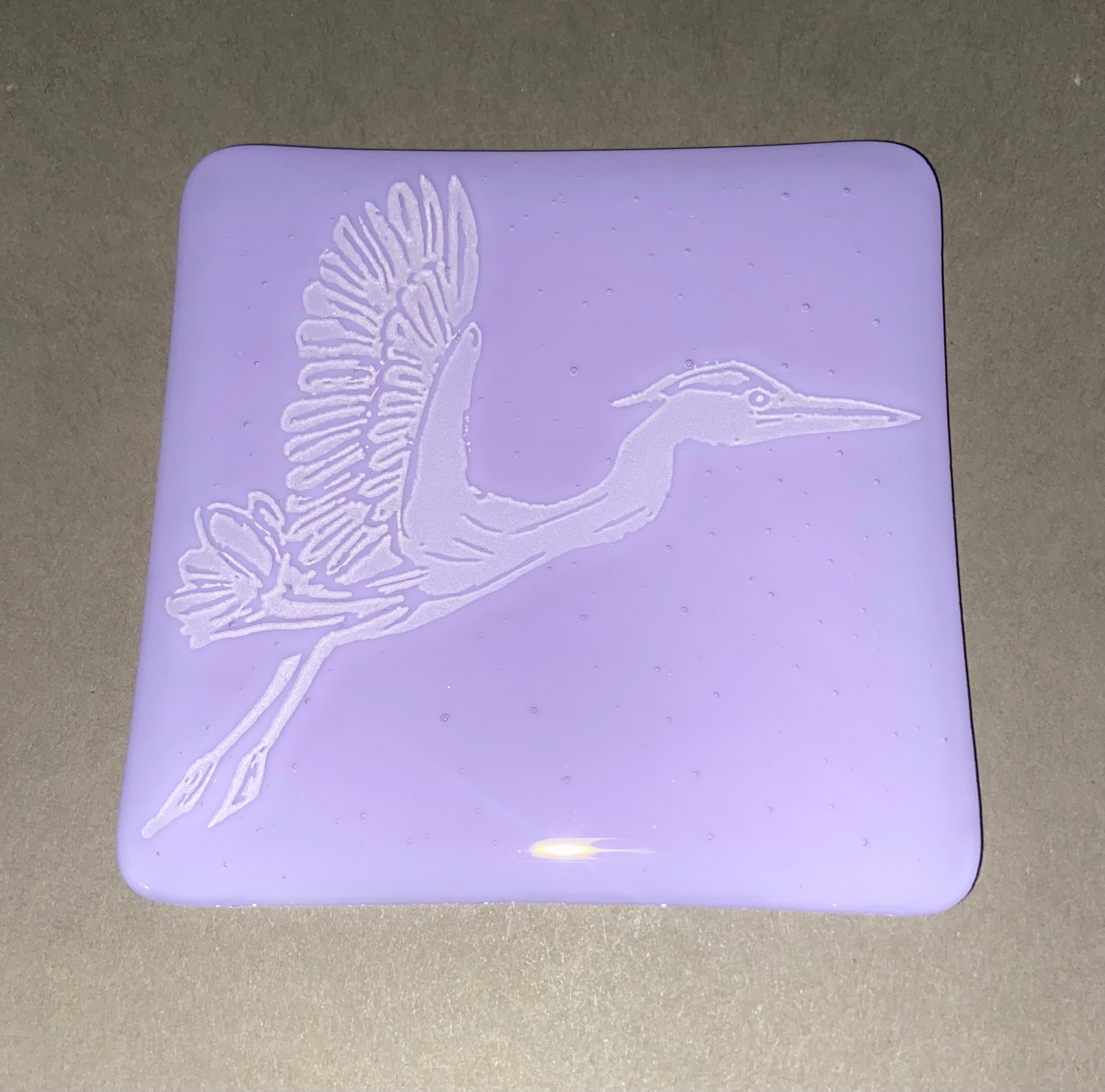 Fused Glass Heron Coasters on Neo Lavender