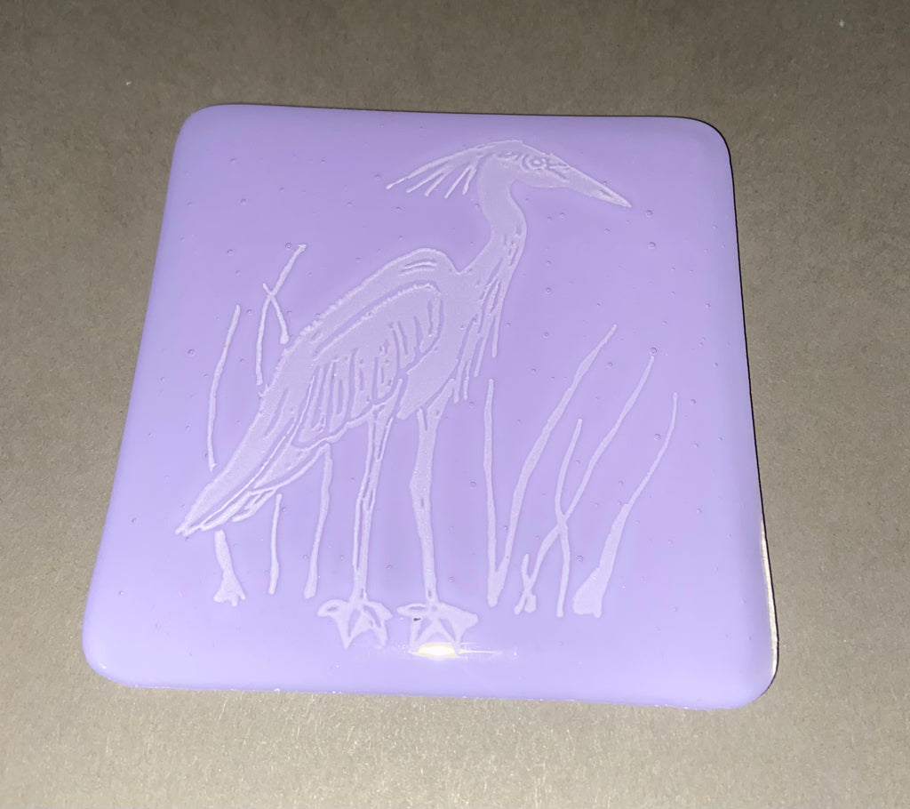 Fused Glass Heron Coasters on Neo Lavender