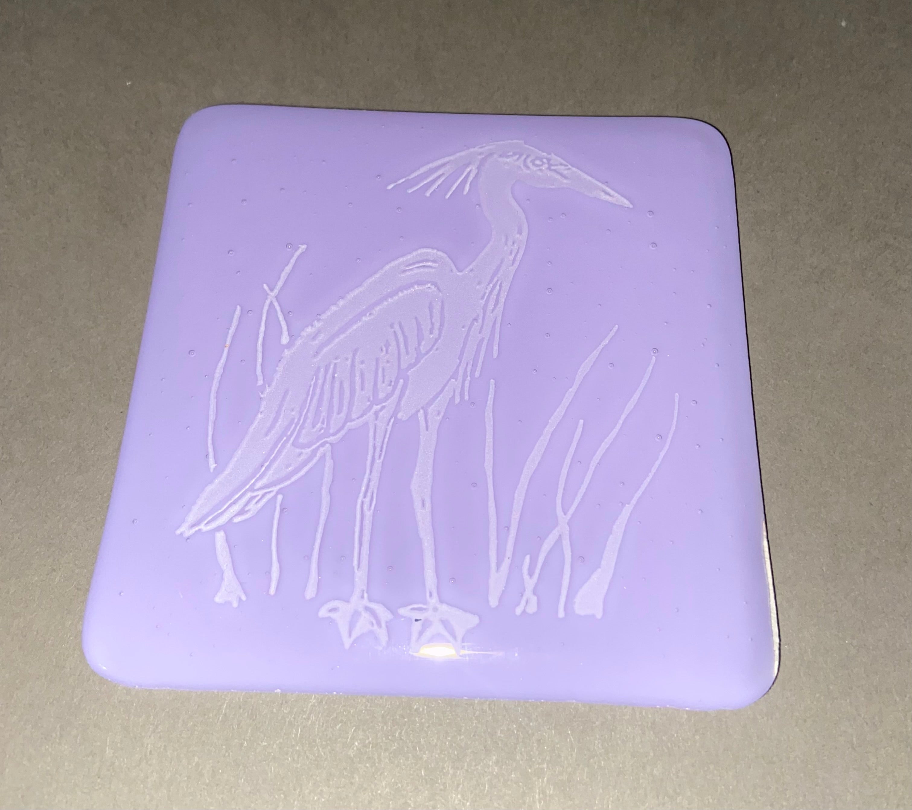 Fused Glass Heron Coasters on Neo Lavender