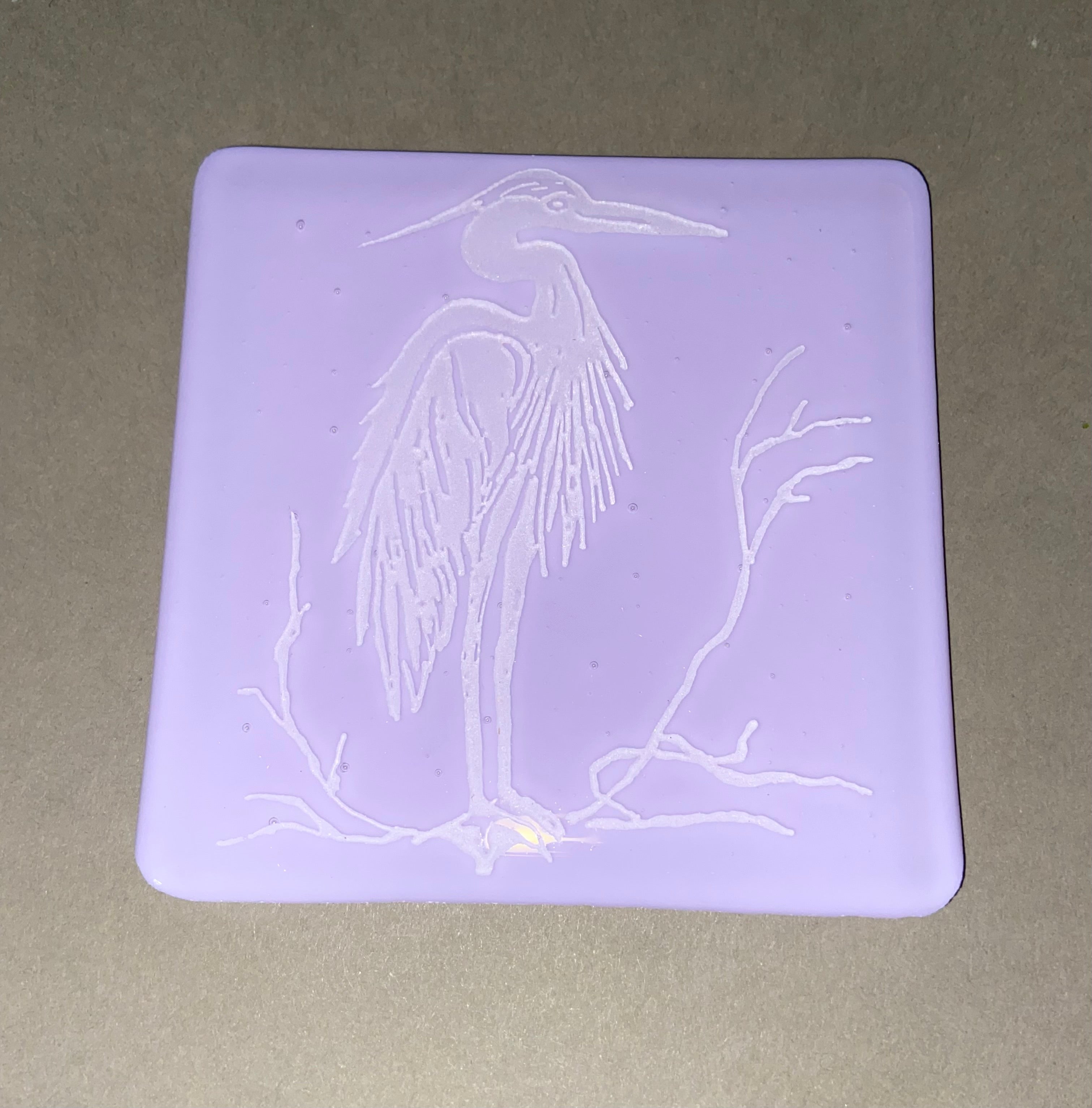 Fused Glass Heron Coasters on Neo Lavender