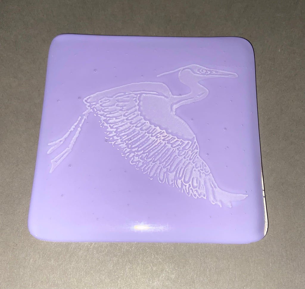 Fused Glass Heron Coasters on Neo Lavender