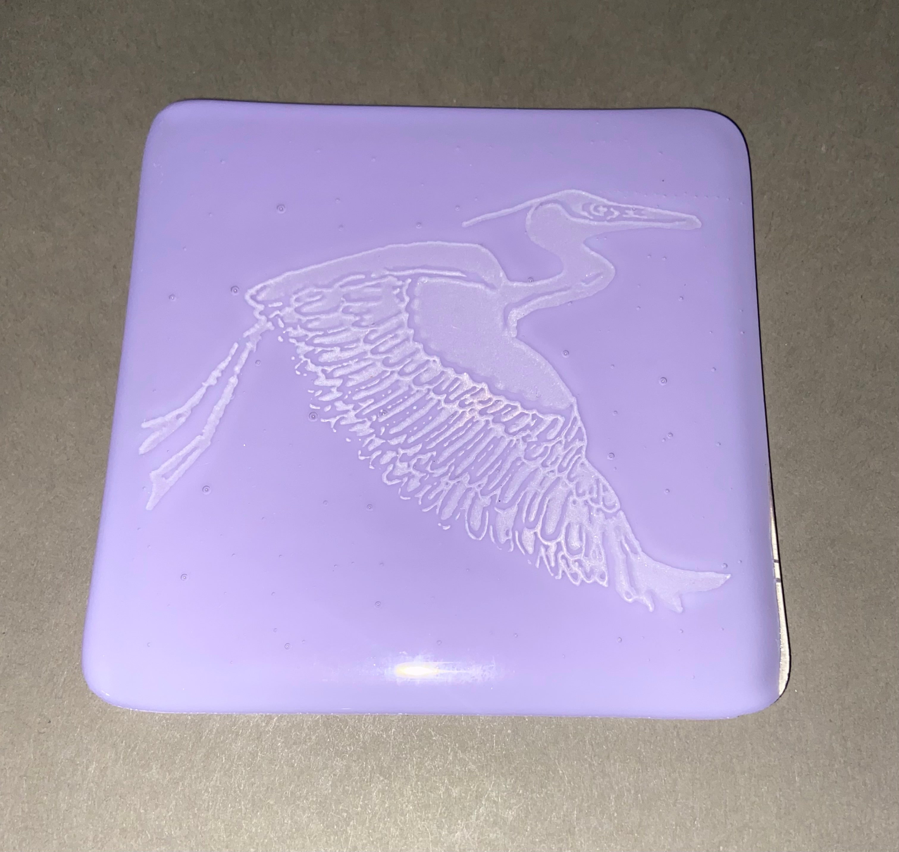 Fused Glass Heron Coasters on Neo Lavender