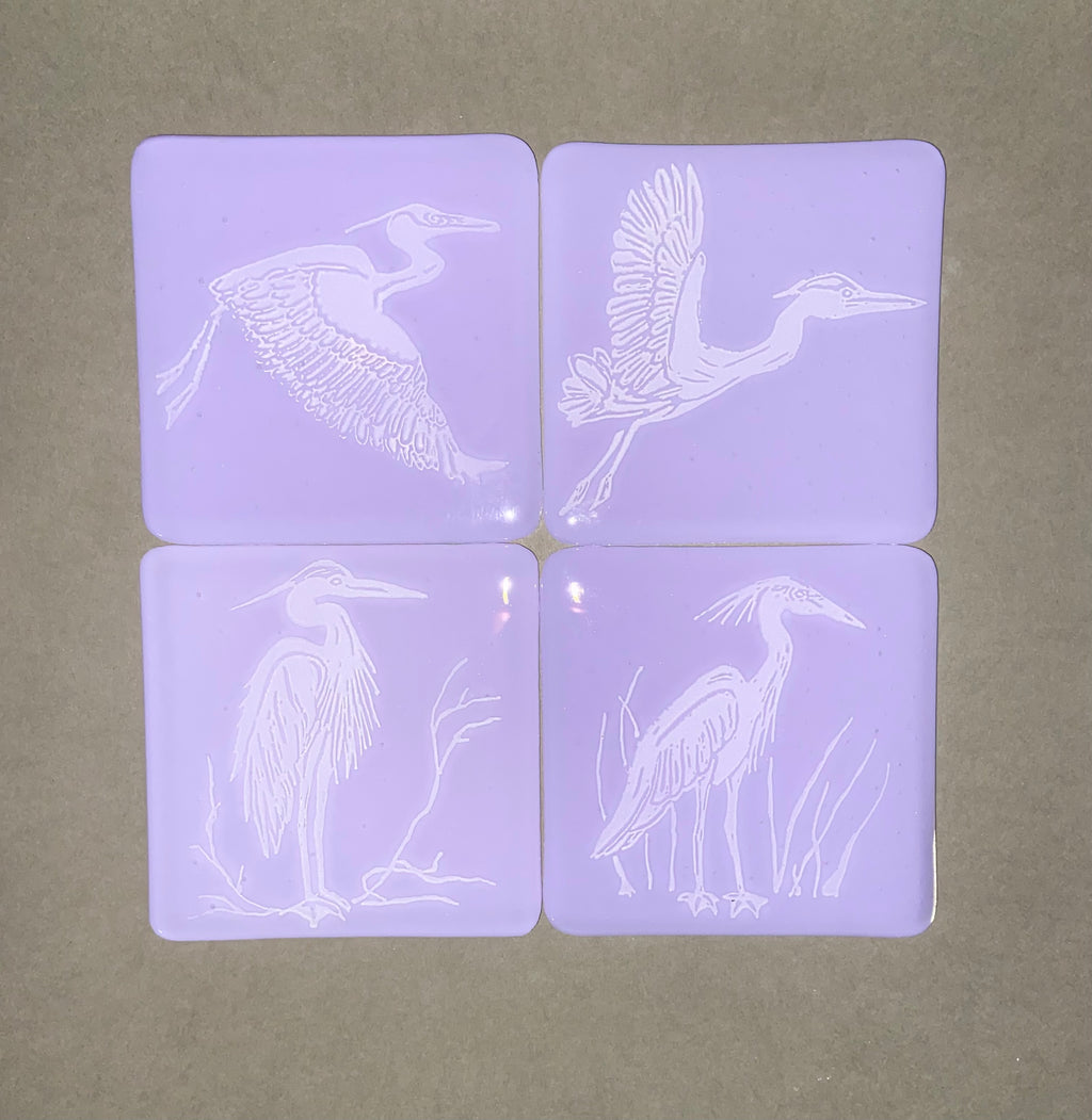 Fused Glass Heron Coasters on Neo Lavender