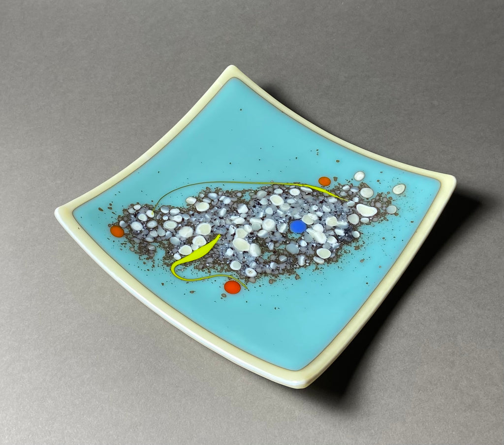 Turquoise and Vanilla River Rock Square 8 Inch Dish